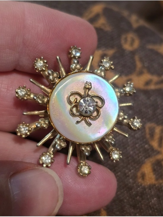 Jewelry - Gold-Tone Sunburst Brooch with Iridescent Mother-of-Pearl and Clear Crystal